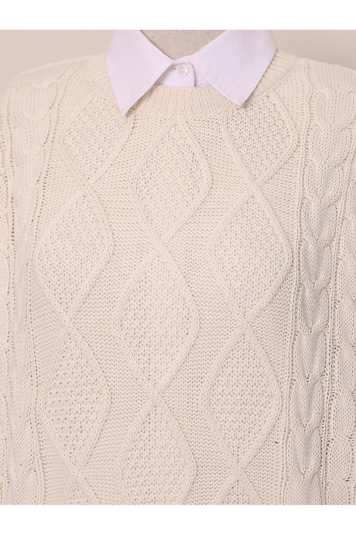 Petek Desen Kışlık Salaş Triko Kazak -Ekru