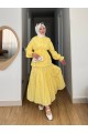 Önü Düğmeli Beli Bağcıklı Kolu Lastikli Etekli Dantelli Takım -Sarı