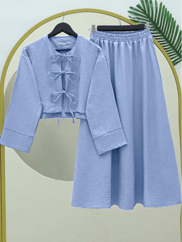 Önü Bağcıklı Beli Lastikli Etekli Keten Takım -Açık Mavi