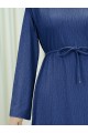 Omuzu Vatkalı Bağcıklı Bürümcük Elbise -İndigo