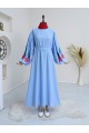 Kolları Balon Süzene İşlemeli Kemerli Elbise  -Mavi