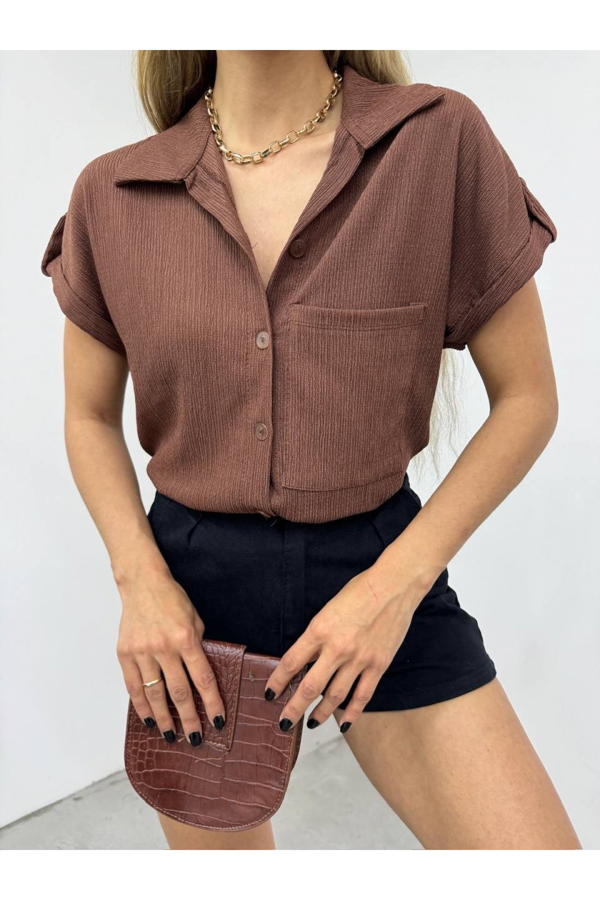 Duble Kol Tek Cepli Bürümcük Gömlek  -K. Kahve
