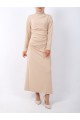 Kayık Yaka Yandan Drapeli Örme Krep Elbise -Bej