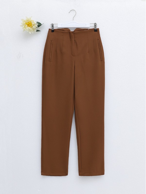 Pileli Fermuarlı Dar Paça Pantolon -Kahve