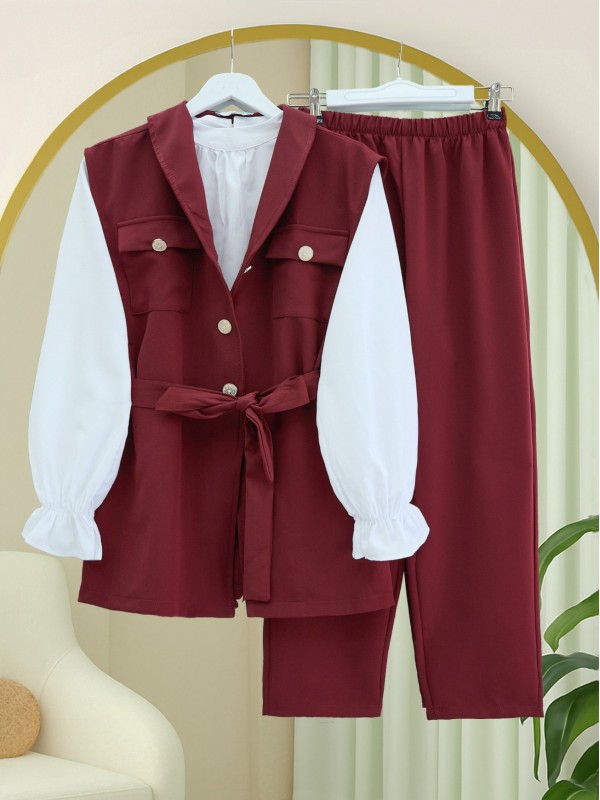 Sıfır Kol Önü Düğmeli Beli Kemerli Üçlü Takım  -Bordo