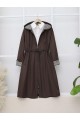 Beli Lastikli Kolu Katlamalı Kapşonlu Trenckot  -K. Kahve