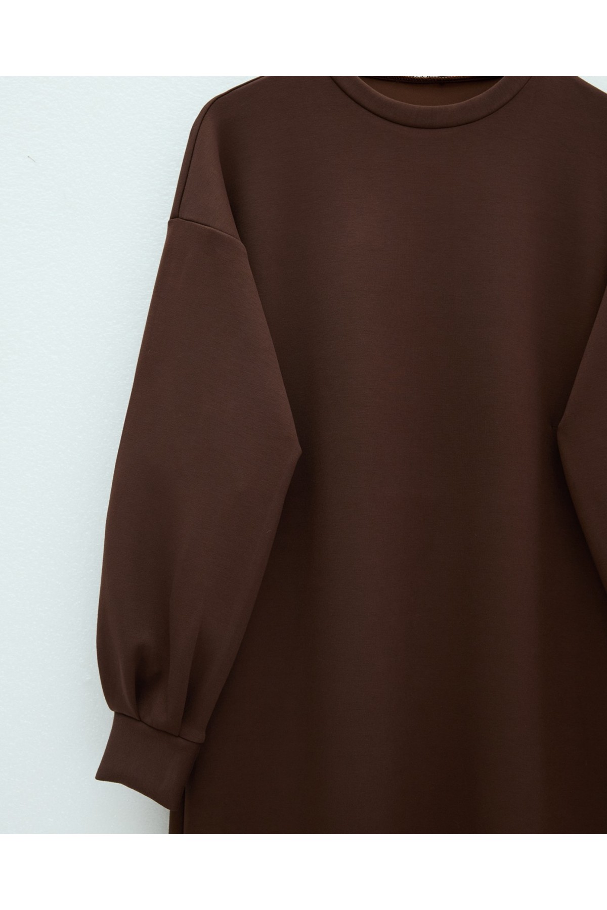 Yuvarlak Yaka Uzun Oysh Elbise -Kahve