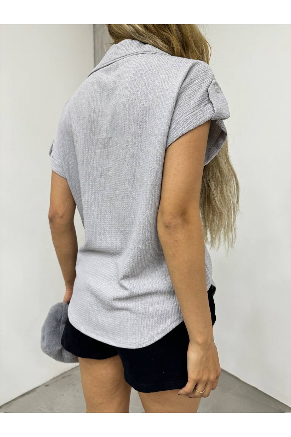 Duble Kol Tek Cepli Bürümcük Gömlek  -Gri