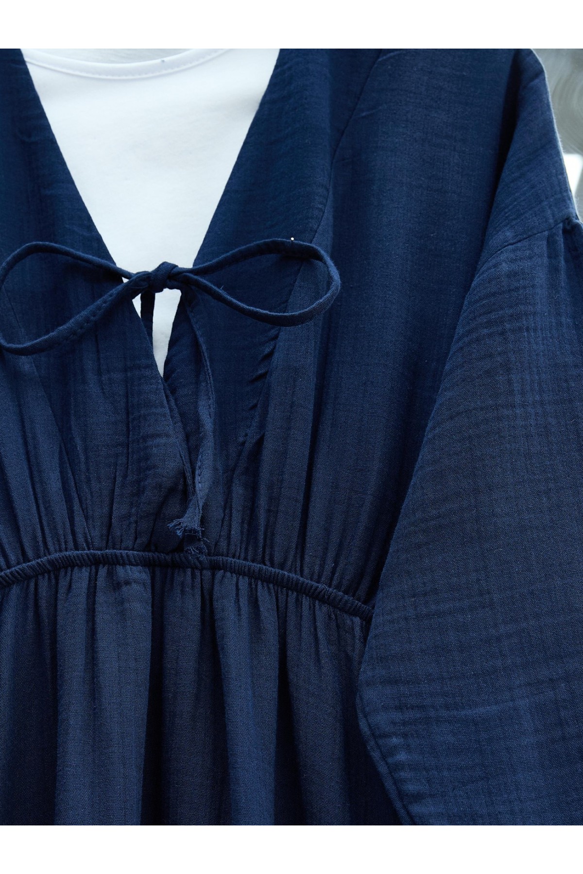 Yakası Bağlamalı Kolu Ve Beli Lastikli Müslin Elbise    -Laci