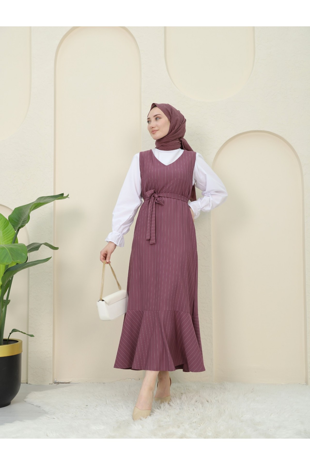 Çizgili Beli Kuşaklı Gömlek Jile Takım -Mürdüm