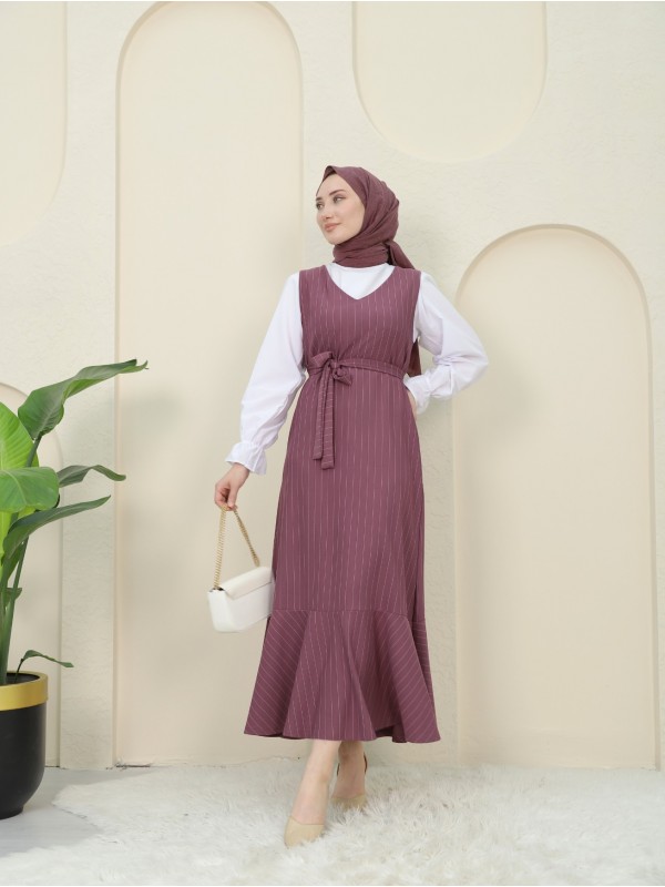 Çizgili Beli Kuşaklı Gömlek Jile Takım -Mürdüm