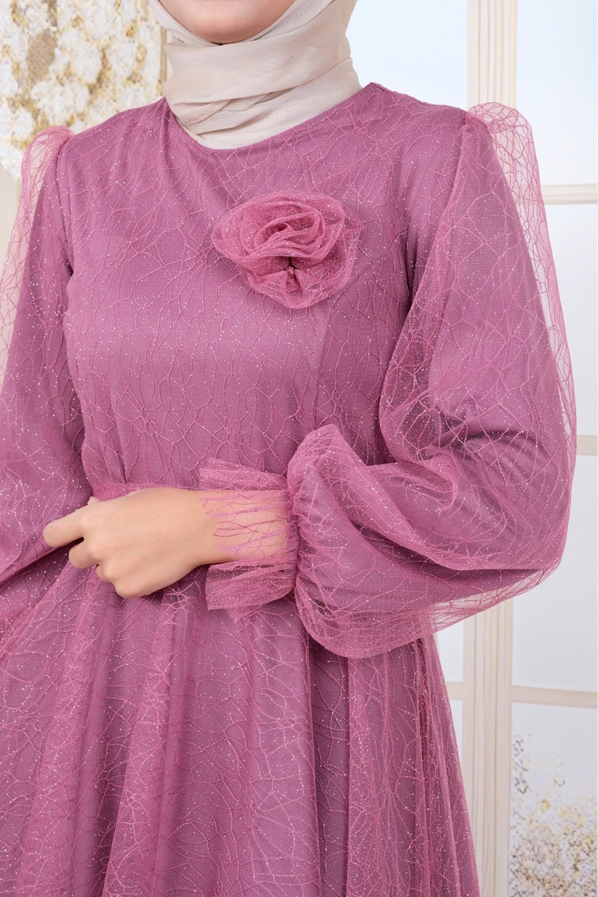 Kolu Lastikli Kuşaklı Simli Kabarık Tül  Abiye -G.Kurusu