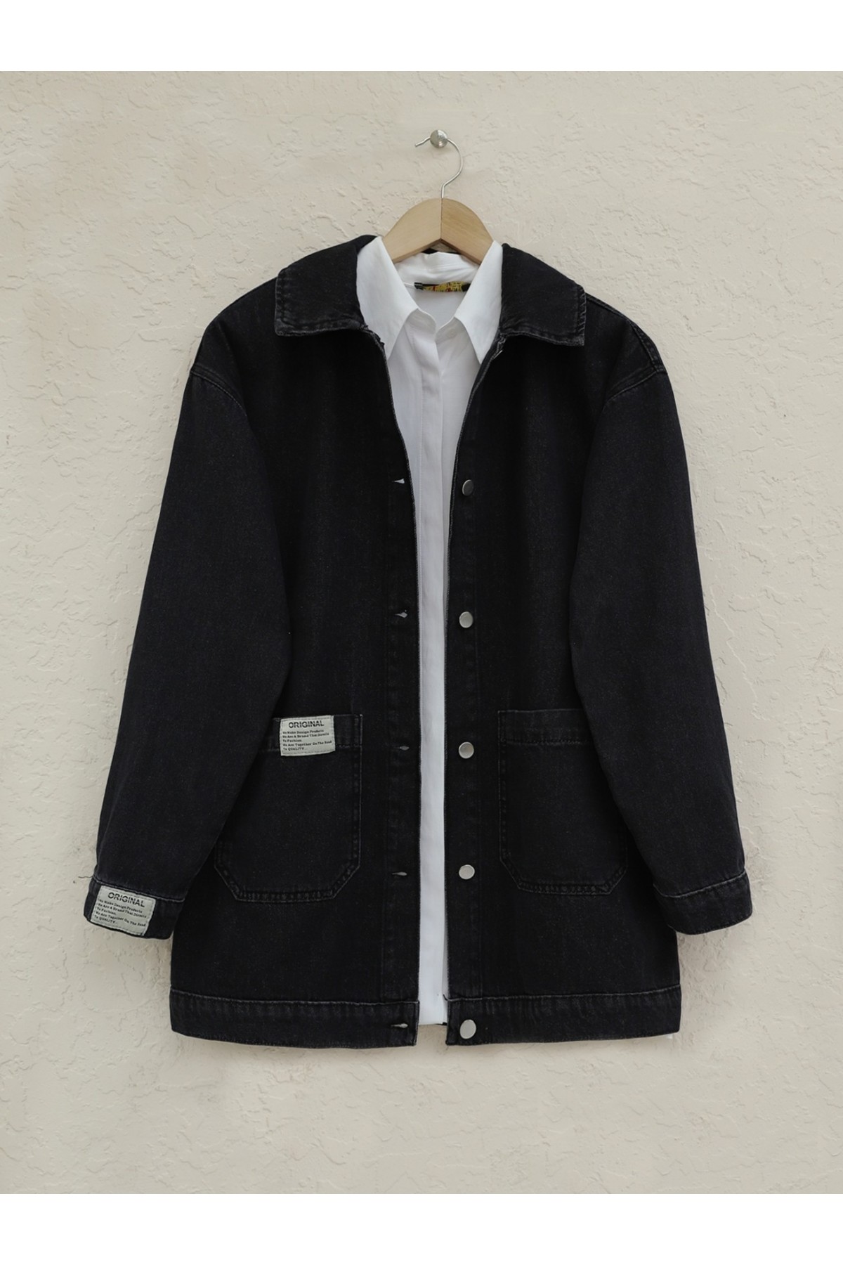 Torba Cepli Düğmeli Kot Ceket -Siyah