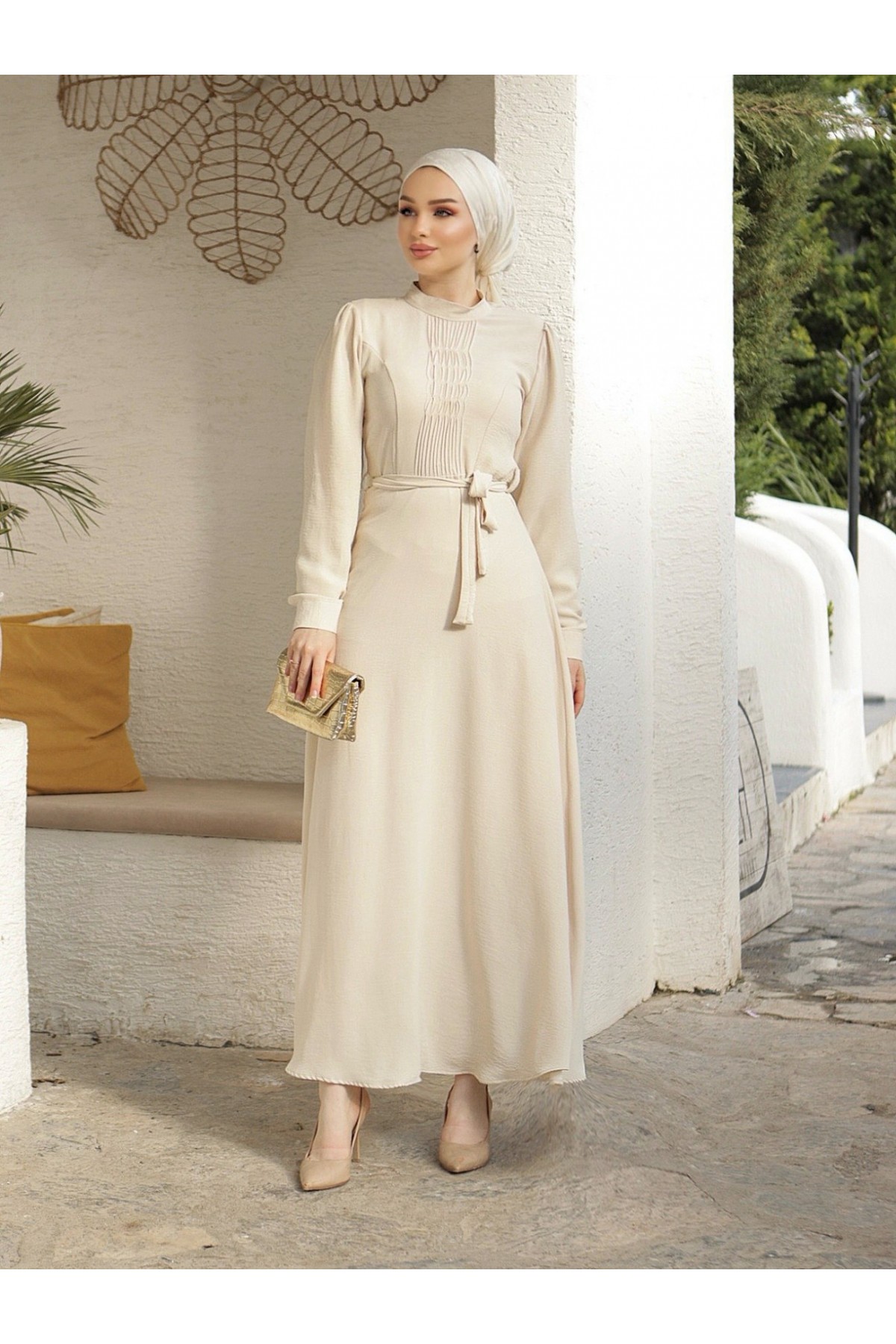 Çıma Detaylı Kemerli Ayrobin Elbise  -Krem