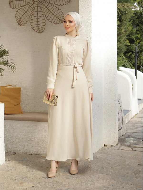 Çıma Detaylı Kemerli Ayrobin Elbise  -Krem
