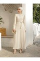 Çıma Detaylı Kemerli Ayrobin Elbise  -Krem