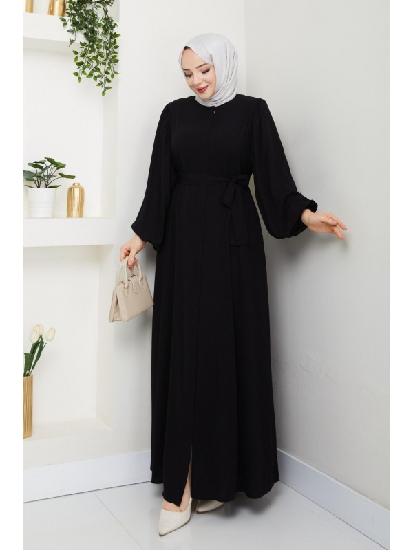 Kolu Lastikli Beli Bağlamalı Fermuarlı Ferace -Siyah