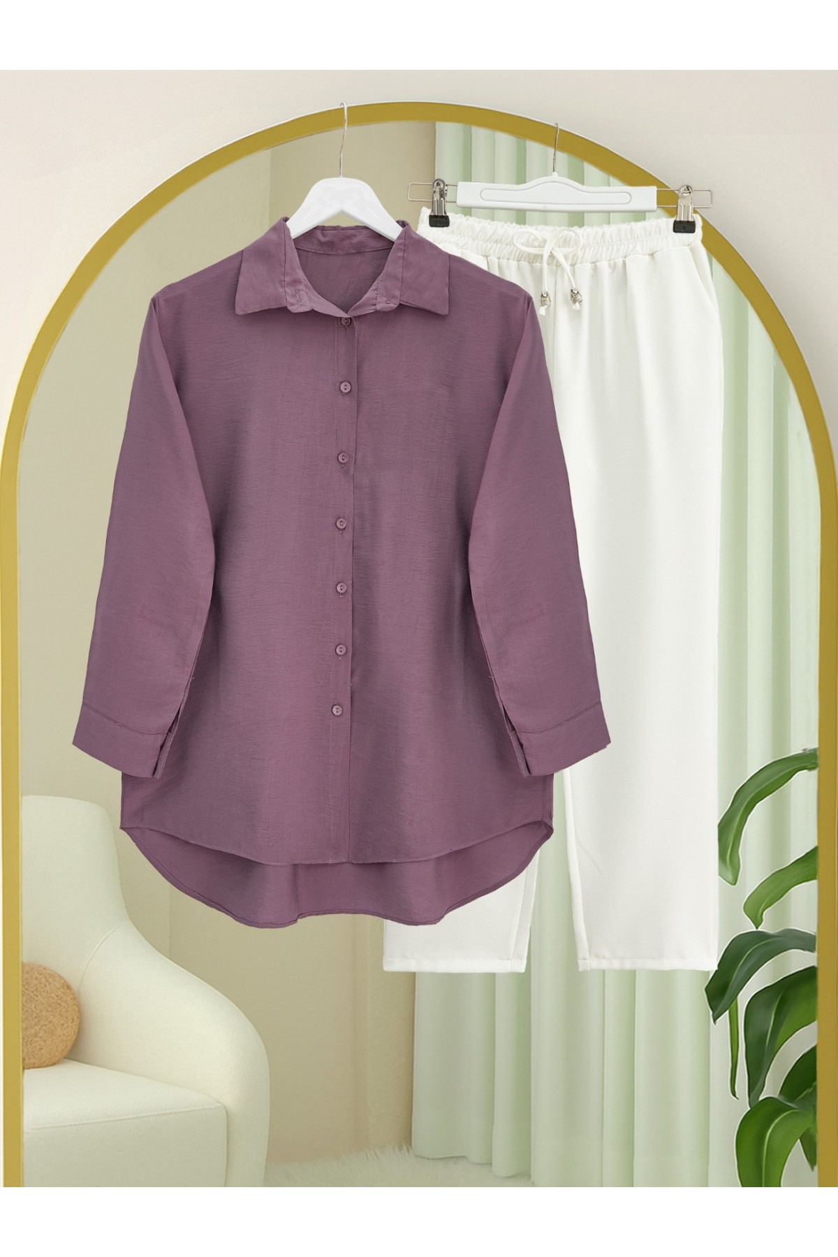 Arkası Uzun Düğmeli Poplin Gömlek -Vişne