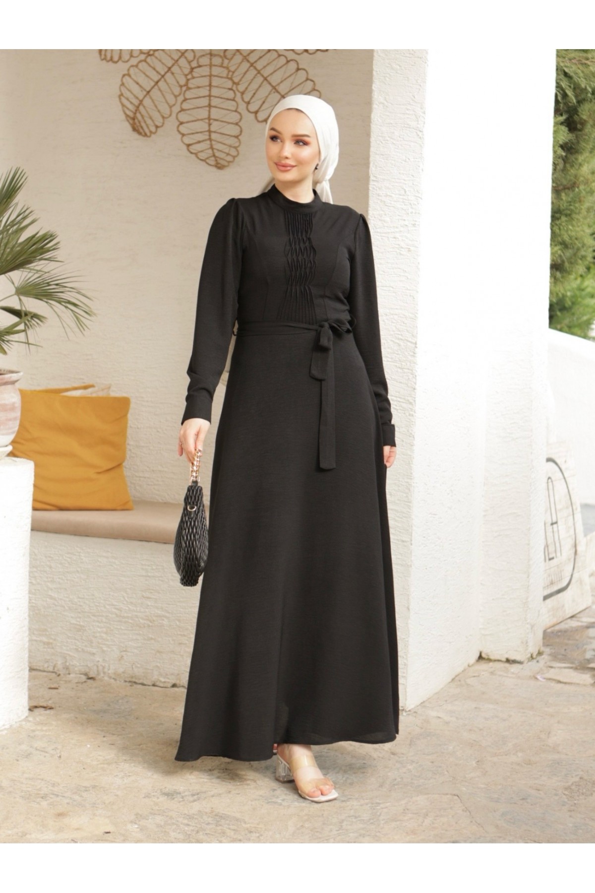 Çıma Detaylı Kemerli Ayrobin Elbise  -Siyah