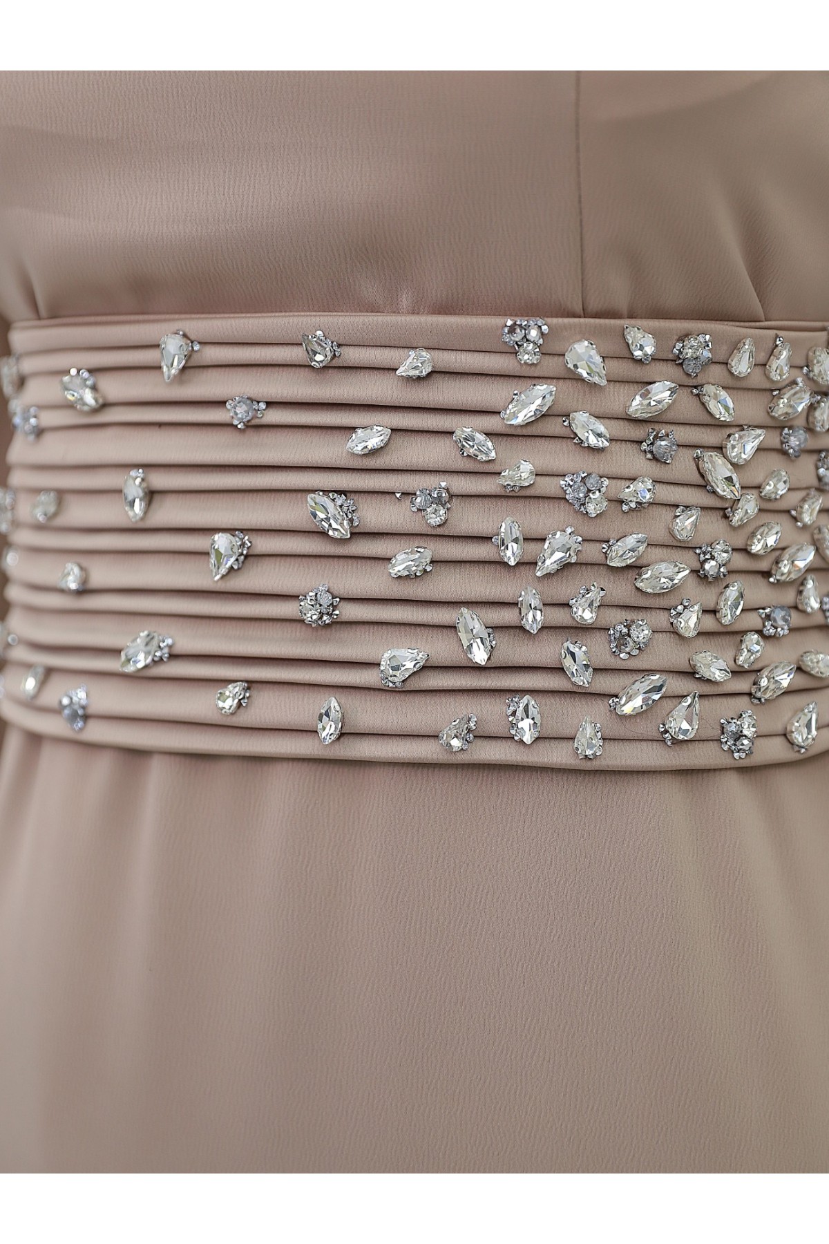 Korse Kemerli Taşlı Saten Abiye  -Açık Vizon