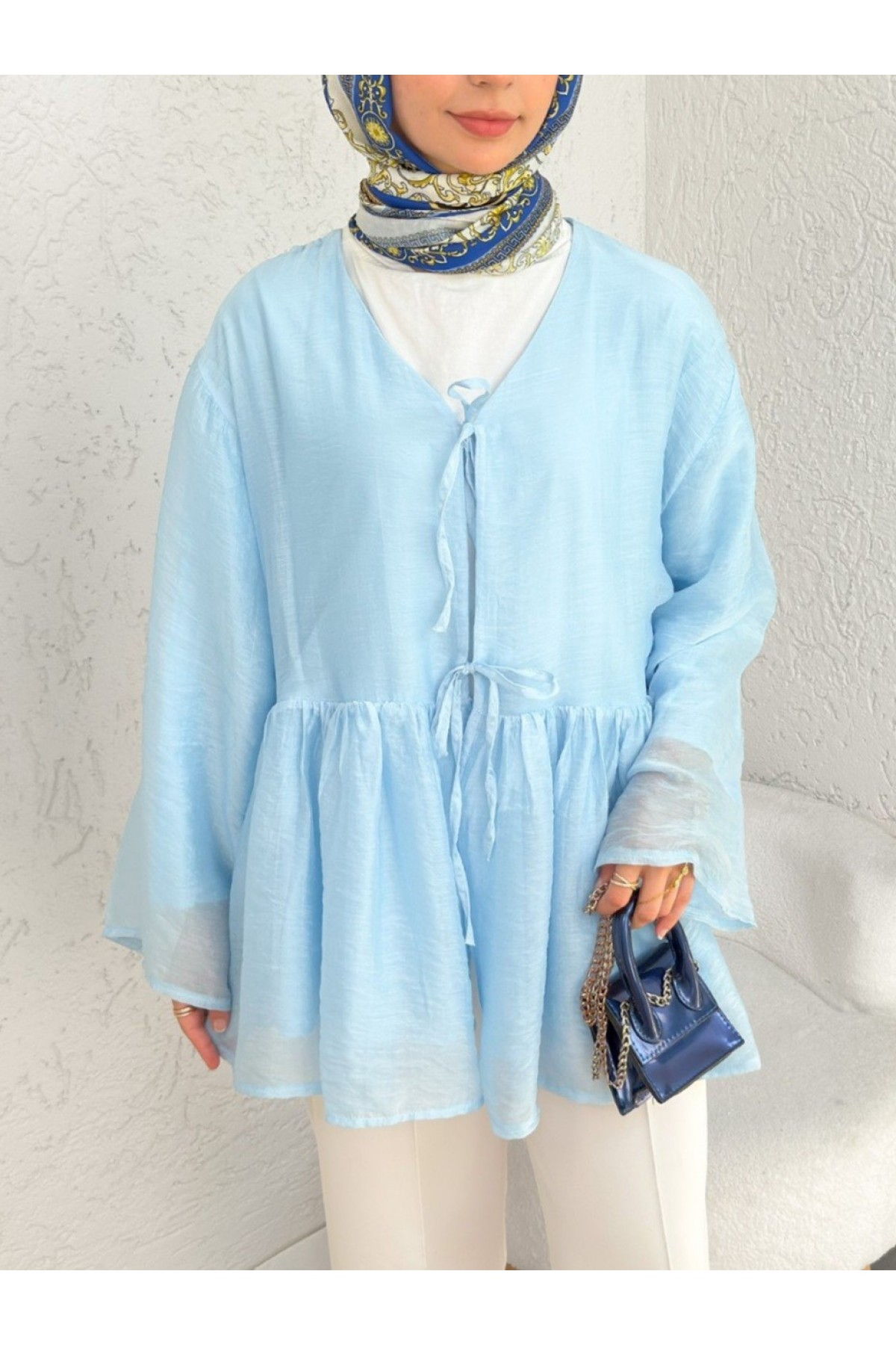 Çift Bağlamalı İçi Astarlı Modal Kimono -Bebe Mavi