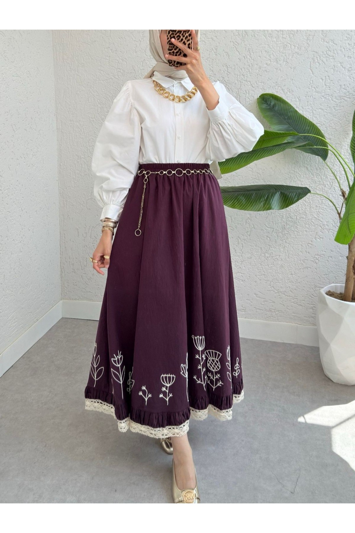 Dantel İşlemeli Beli Lastikli Etek -Mürdüm