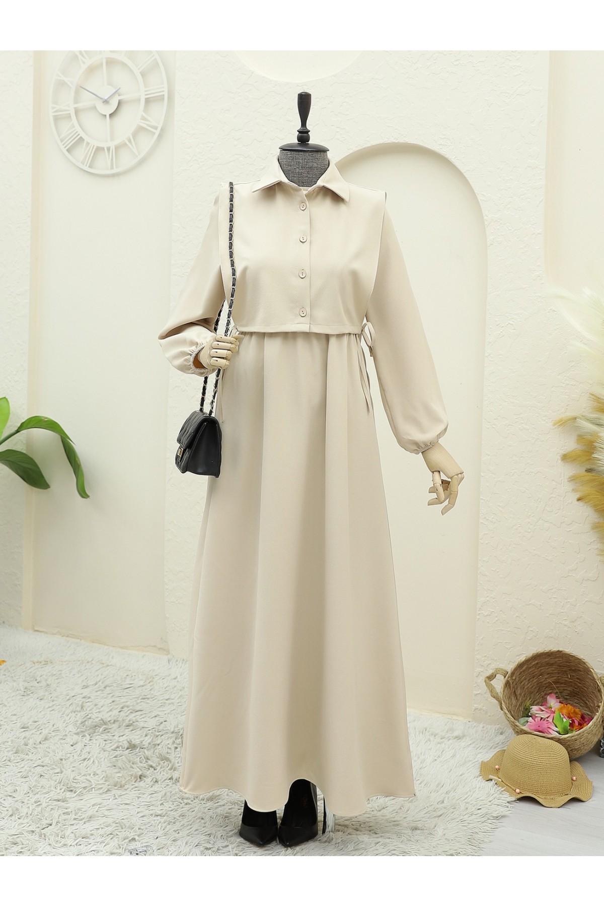 Üstü Gömlek Detaylı Elbise Takım  -Açık Vizon