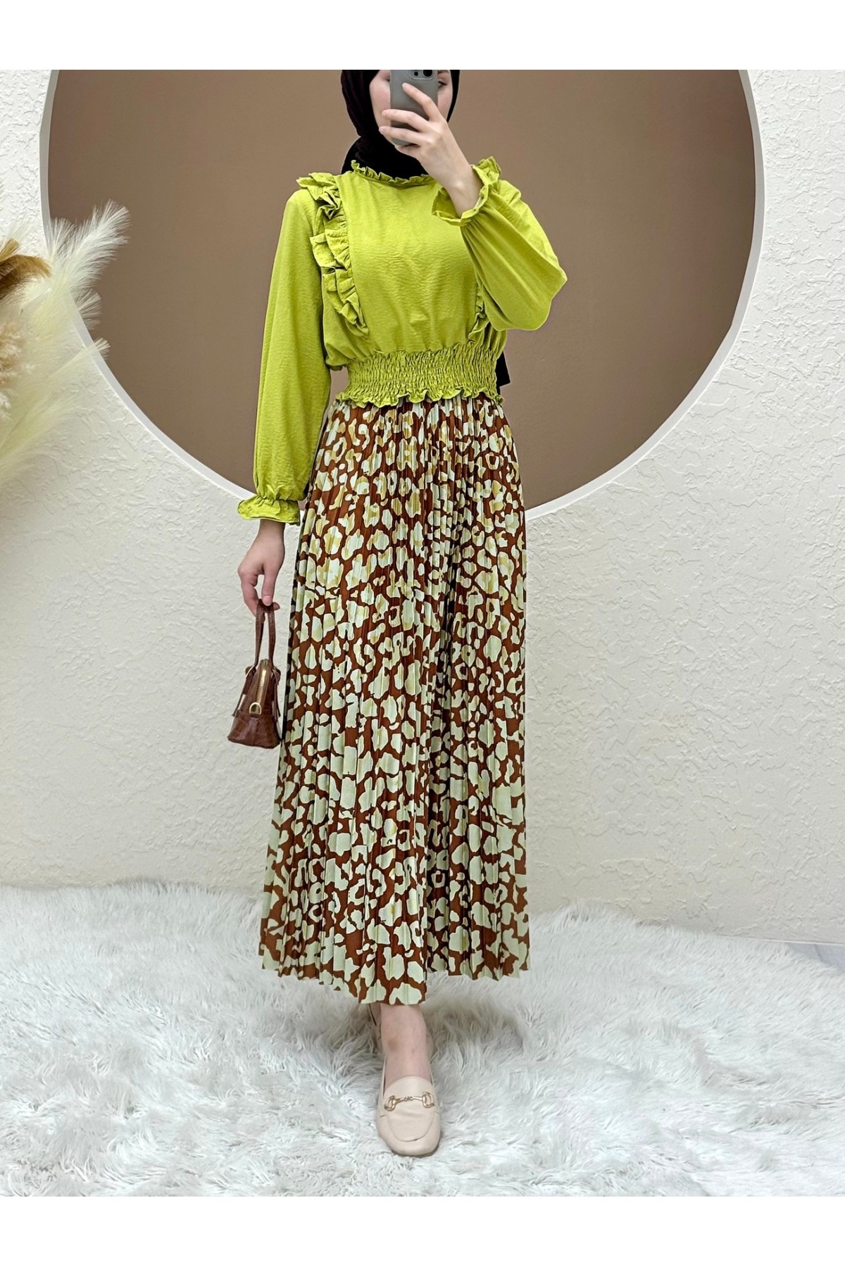 Dijital Baskılı Pliseli Etek -Taba