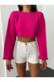 Kayık Yaka Triko Crop -Fuşya