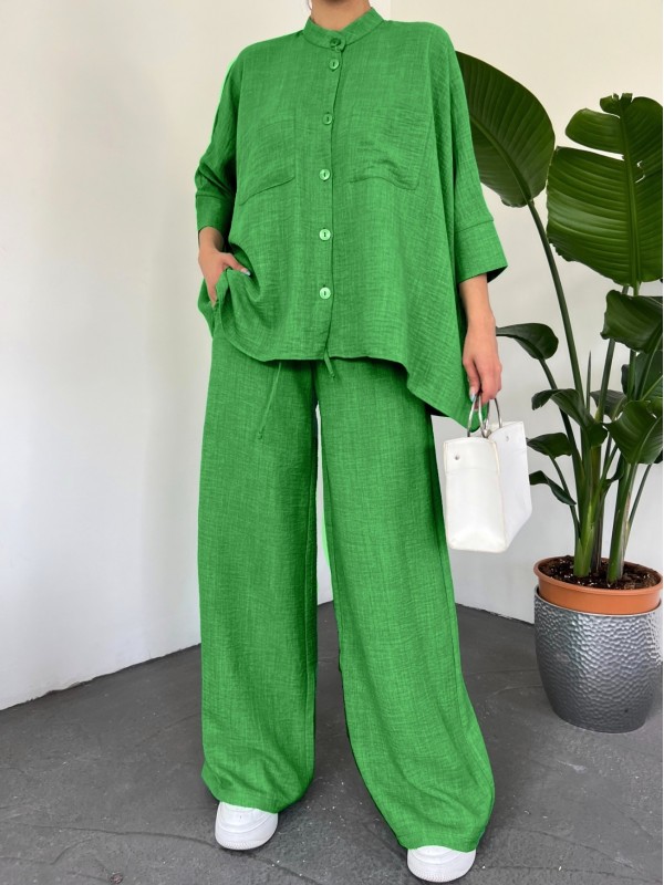 Çift Cepli Yarım Yarasa Kol Salaş Gömlek Takım -Yeşil