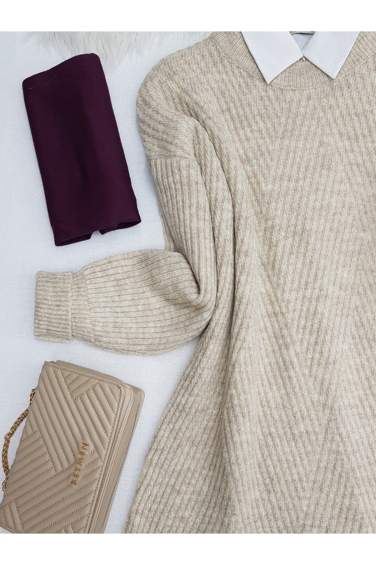 Bisiklet Yaka Baklava Desen Triko Kazak -Taş