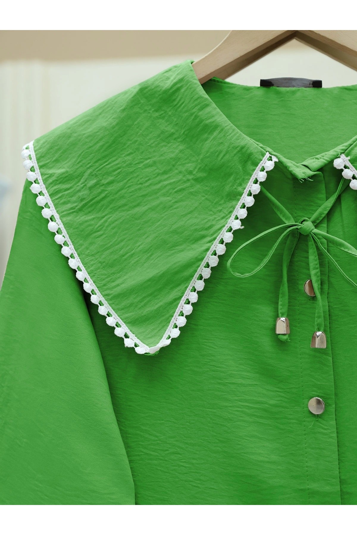Bebe Yaka Dantelli Kolu Lastikli Gömlek  -Yeşil
