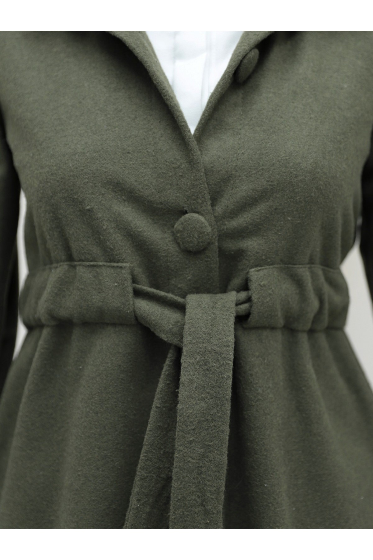 Belden Bağlamalı Top Düğmeli Kaşe Kaban -Haki