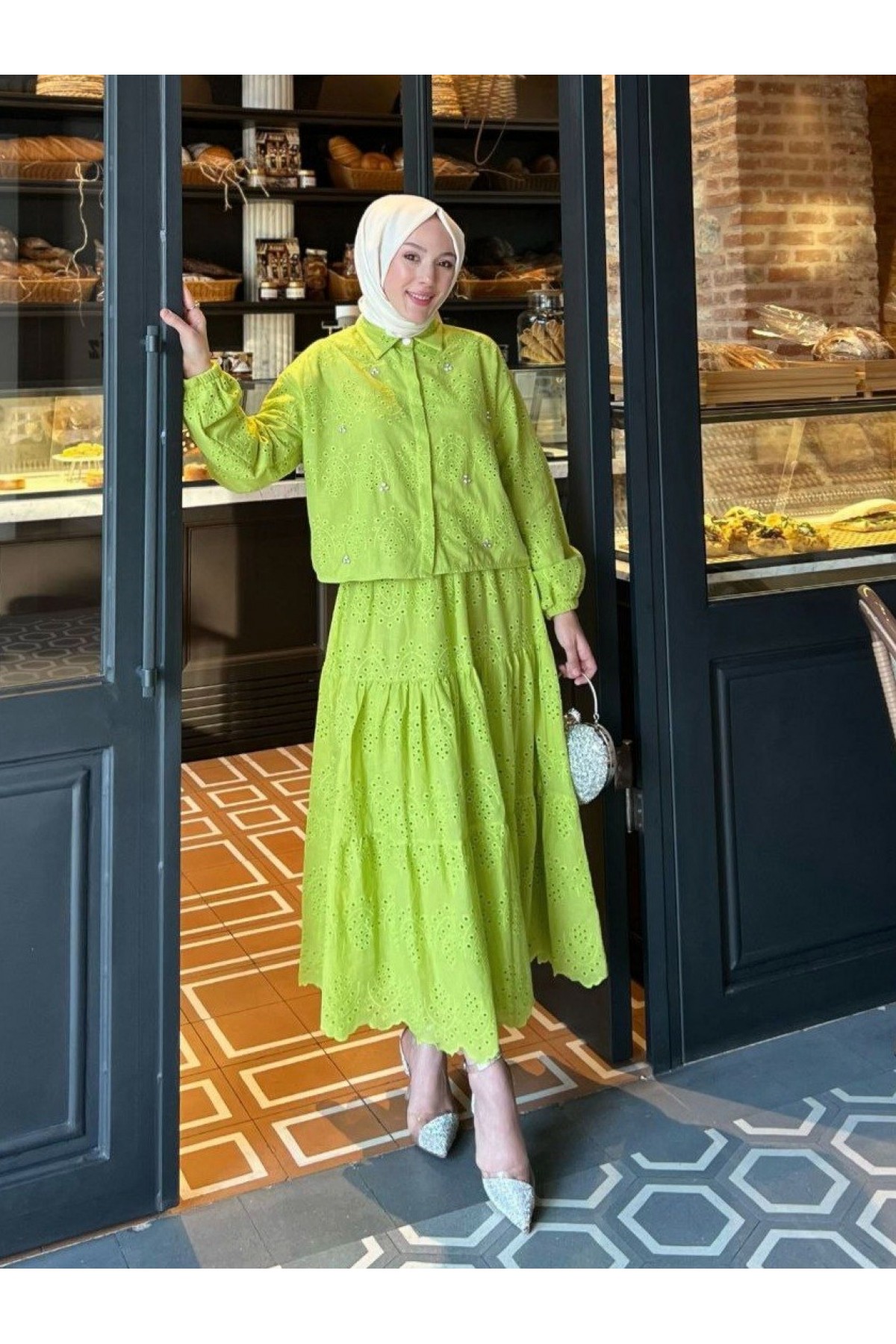 Fisto Detaylı Etekli Takım  -Yağ Yeşili