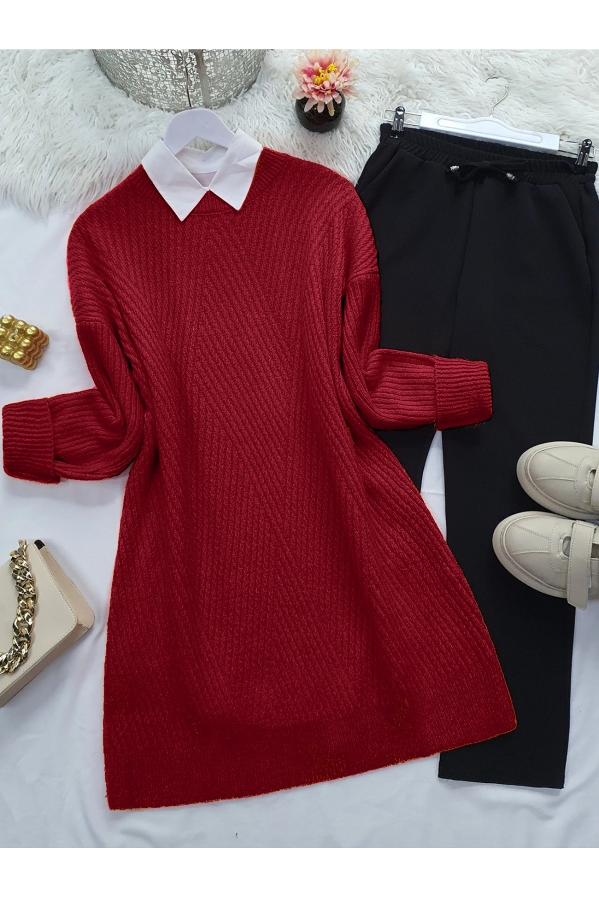 Bisiklet Yaka Baklava Desen Triko Kazak    -Kırmızı