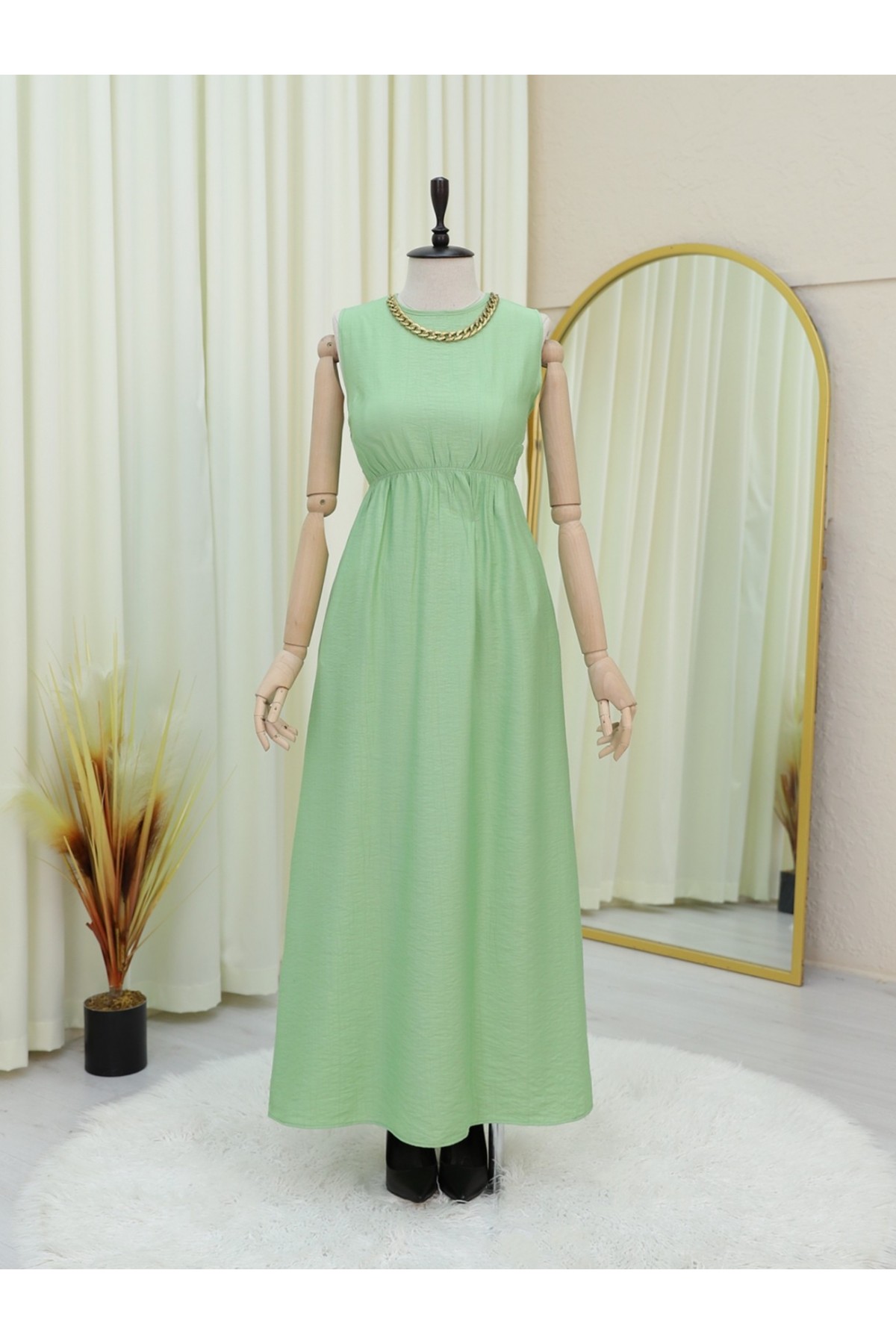 Metal Düğmeli Beli Bağlamalı Gömlek Jile Elbise -A.Yeşil