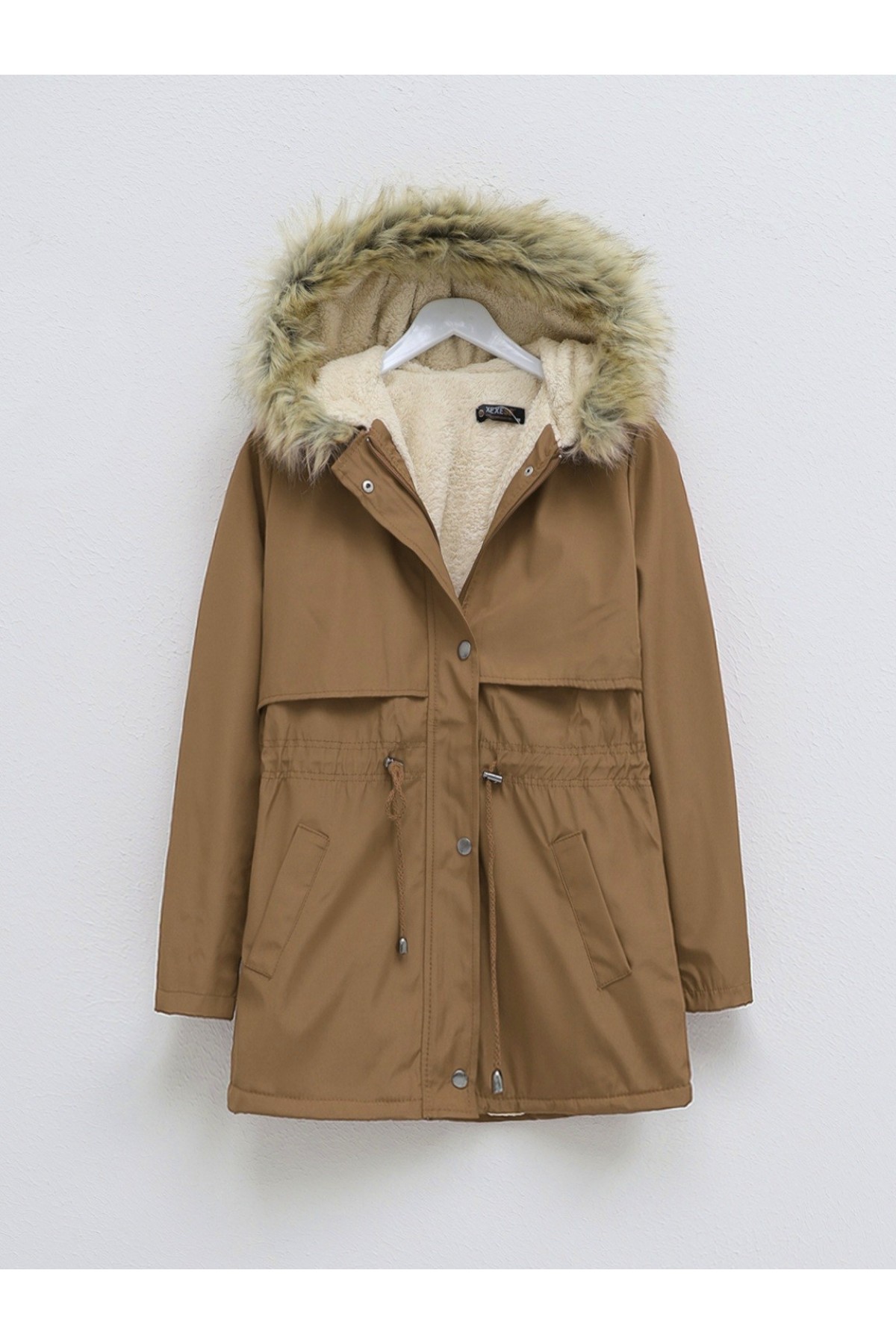 Bolero Detaylı Kürklü Kapşonlu İçi Peluşlu Mont -Taba