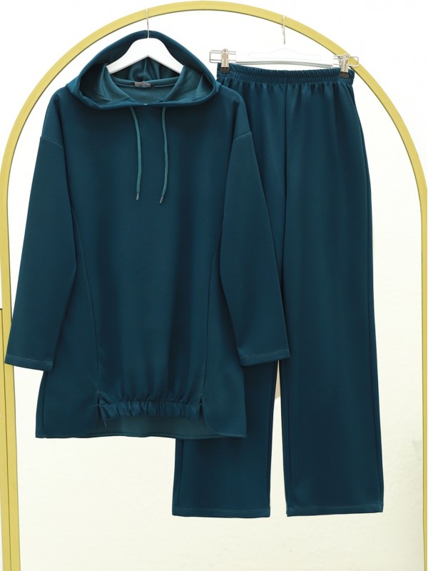 Etek Ucu Lastik Detaylı Osyho Kumaş Kapşonlu Takım -Petrol