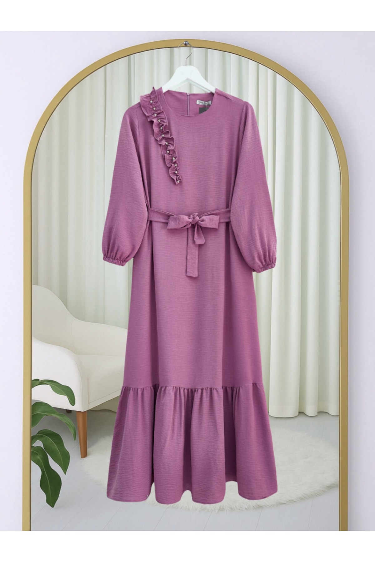 Fırfır Taş Detaylı Parça Eteklii Kemerli Ayrobin Elbise  -Vişne