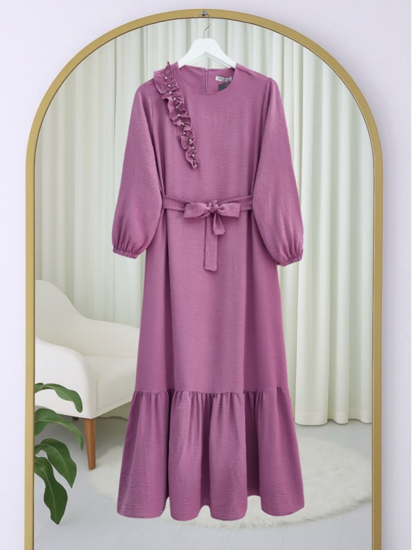 Fırfır Taş Detaylı Parça Eteklii Kemerli Ayrobin Elbise  -Vişne