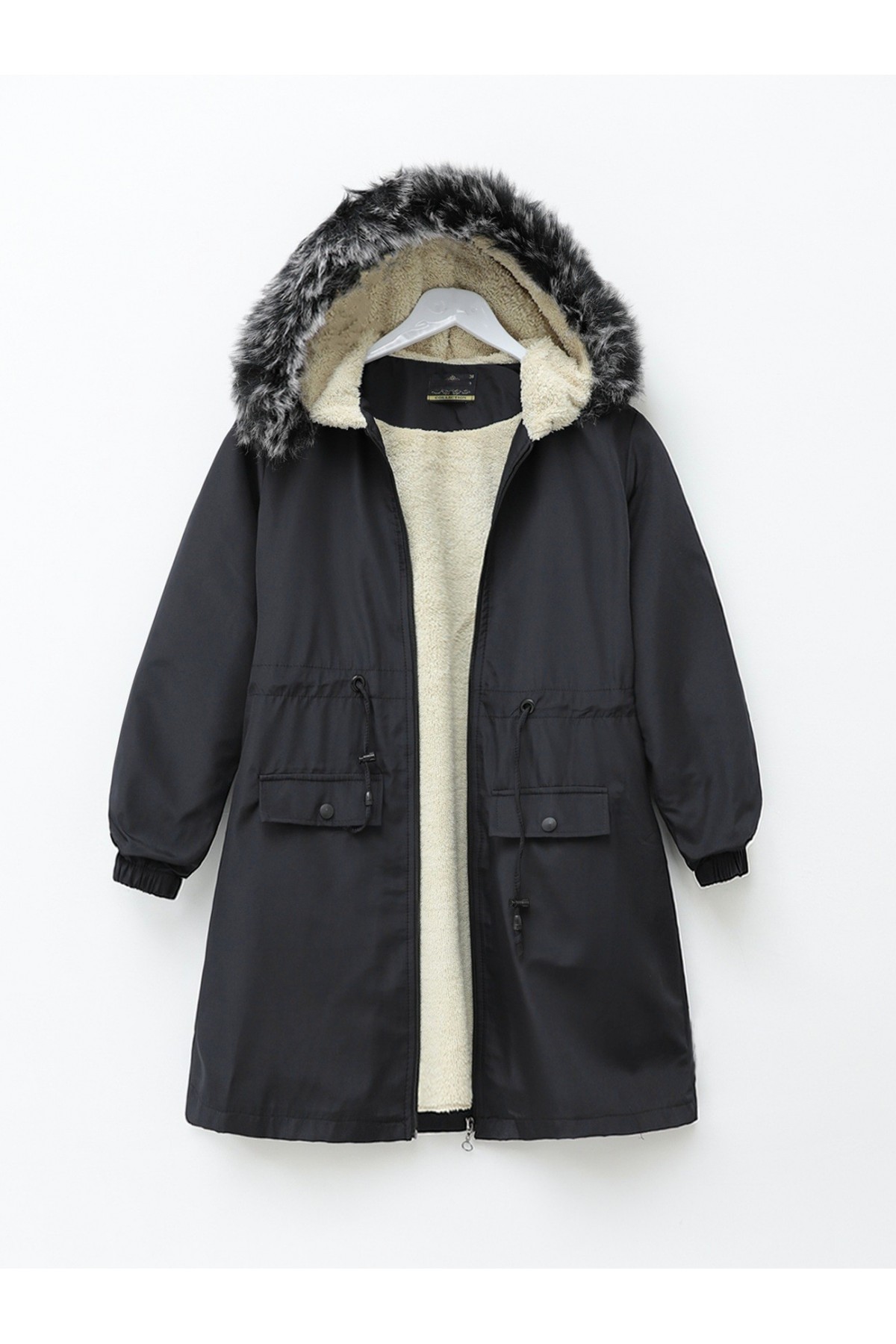 Sabit Kapşonlu İçi Kürklü Bondit Kaban -Siyah