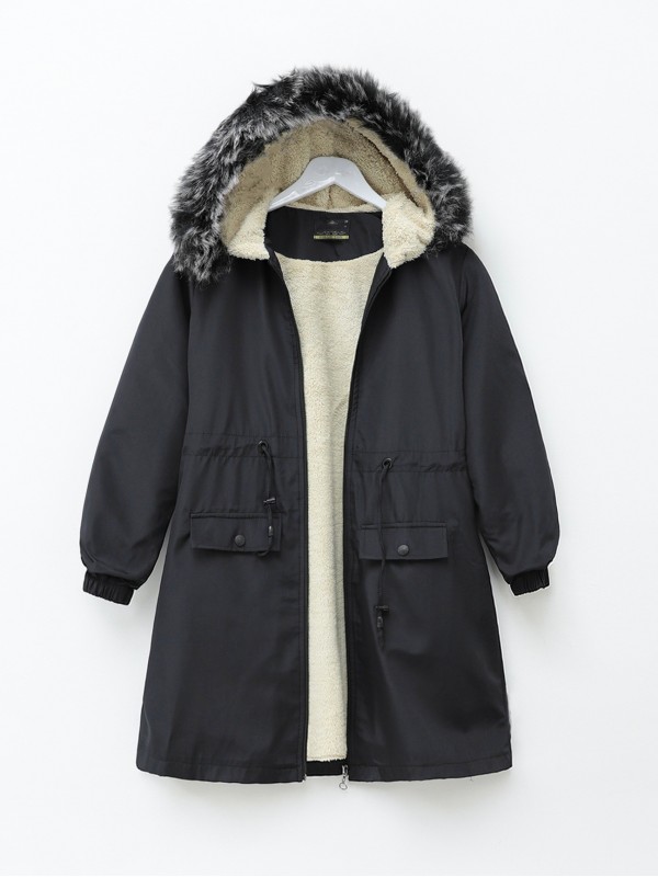 Sabit Kapşonlu İçi Kürklü Bondit Kaban -Siyah