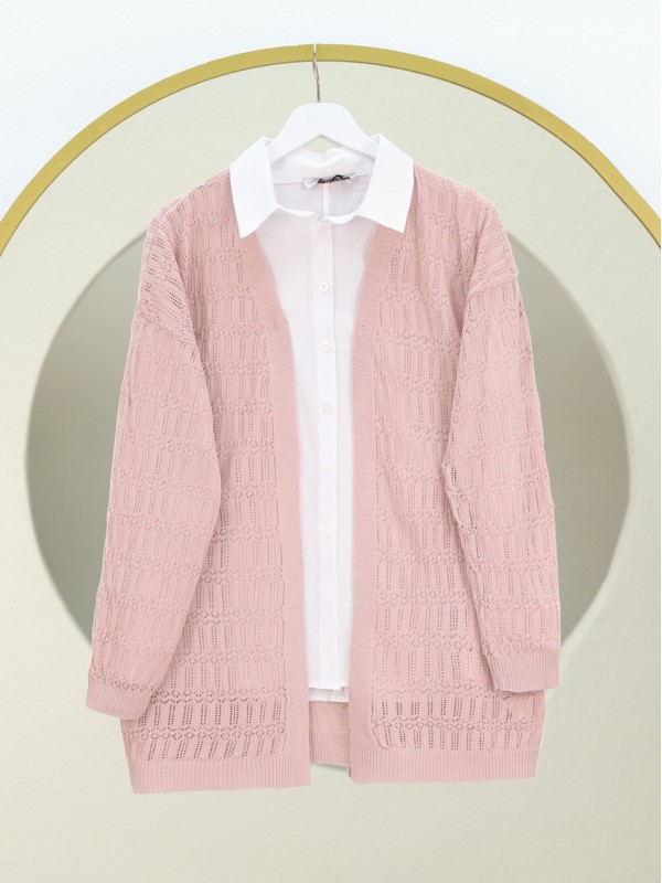 Ajurlu  Desenli Baharlık Hırka  -Pudra