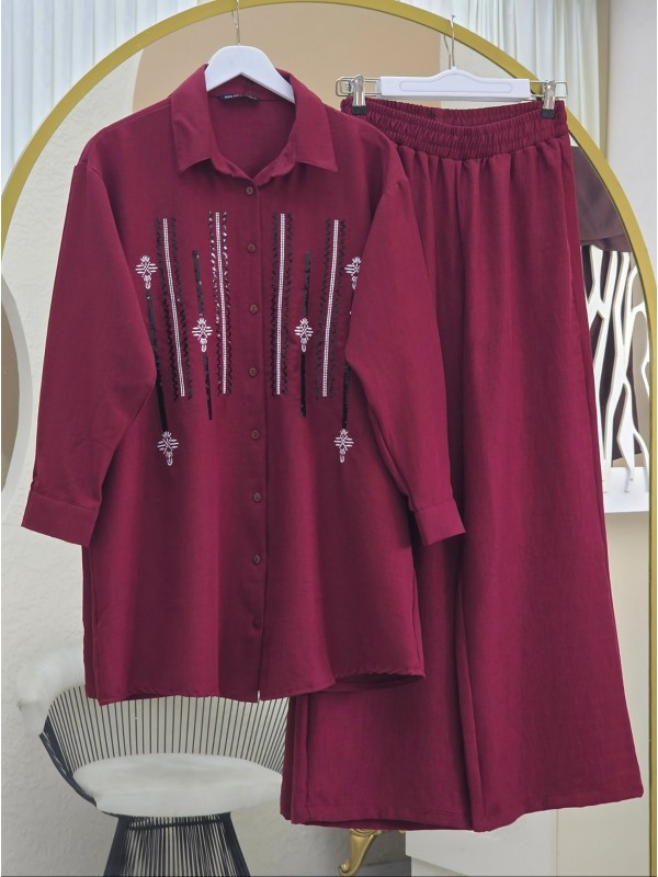 Önü Düğmeli Pul Payetli Pantolonlu Sofya Keten Takım  -Bordo