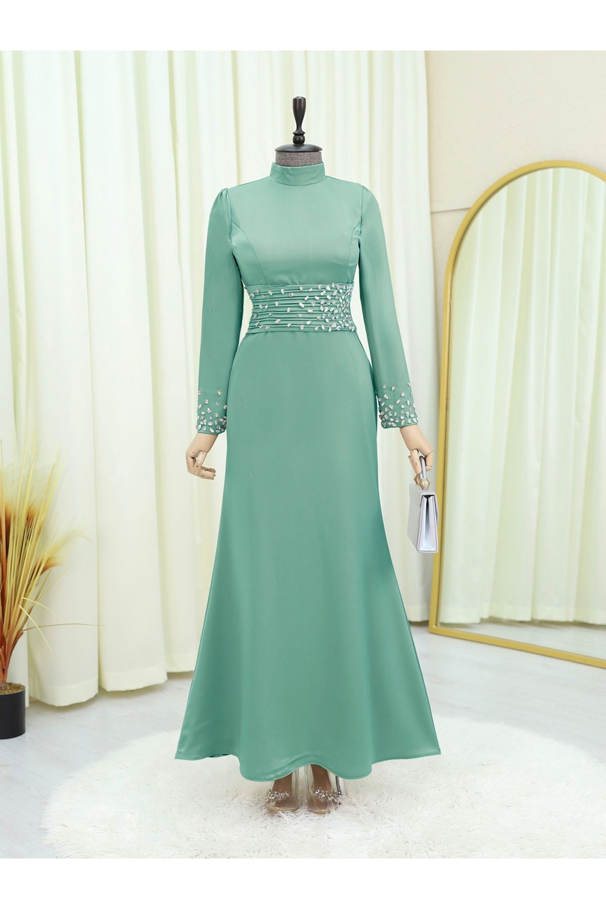 Korse Kemerli Taşlı Saten Abiye  -Su Yeşili
