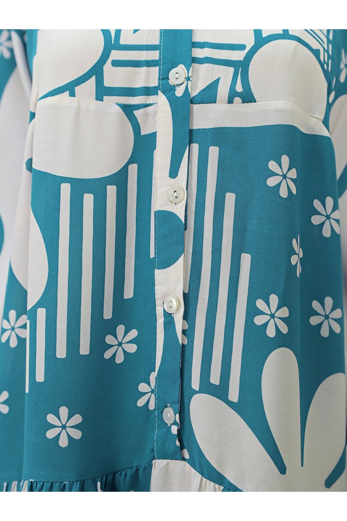 Yarım Düğmeli Parçalı Çiçekli Pamuklu Poliviskon Elbise -Mint