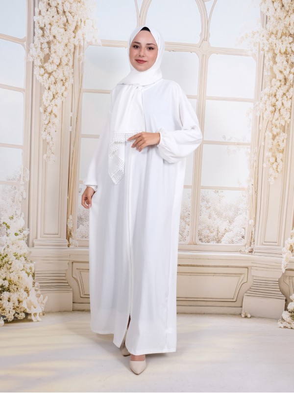 Kendinden Şallı Boydan Fermuarlı İthal Krep Namazlık -Beyaz