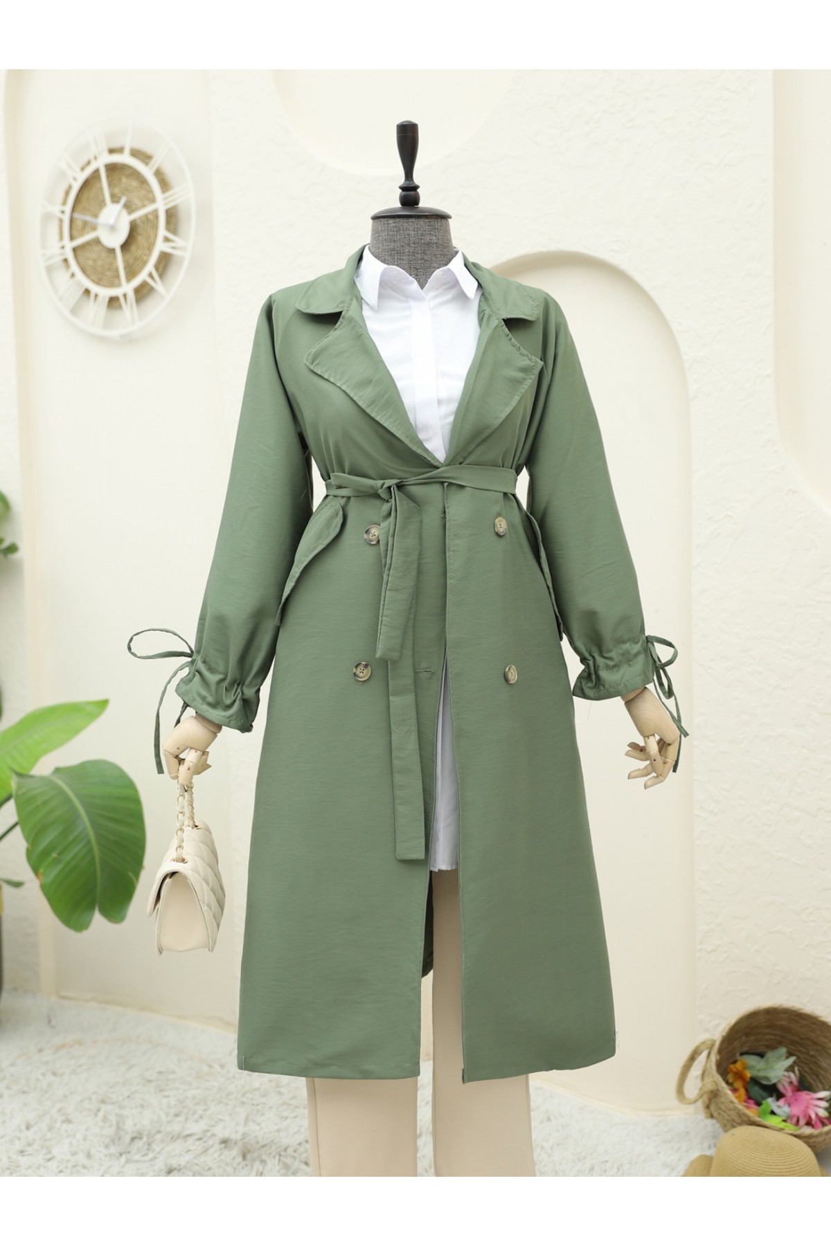 Kolu Manşeti Bağcıklı Kemerli Kap -Haki