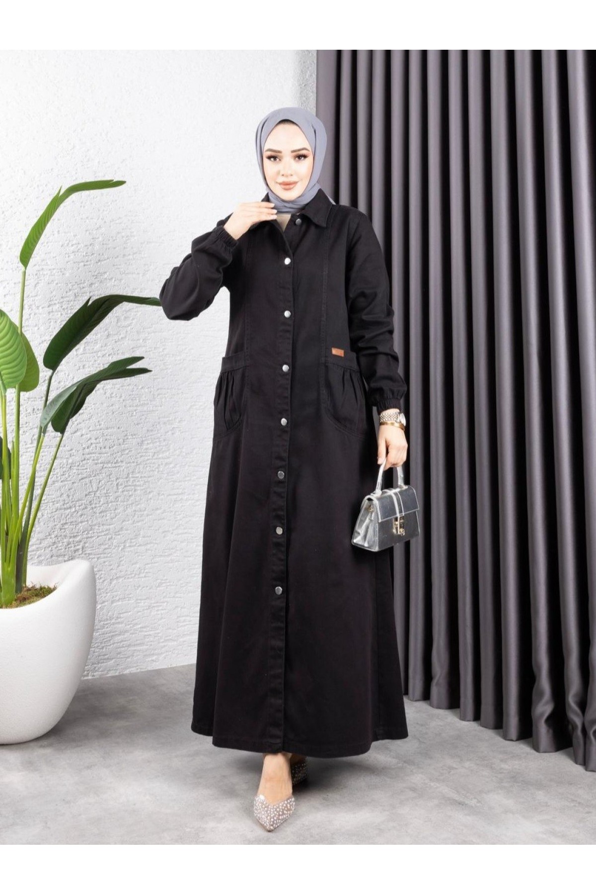 Torba Cepli Metal Düğmeli Uzun Kot Kap  -Siyah