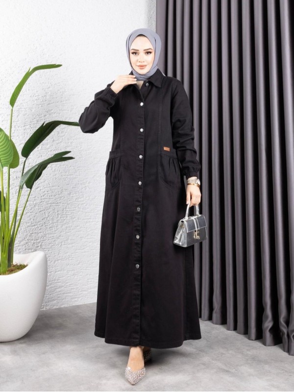 Torba Cepli Metal Düğmeli Uzun Kot Kap  -Siyah